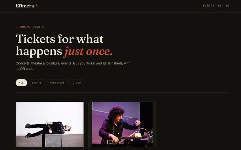 Efímera ticket site: upcoming events with photos and filters