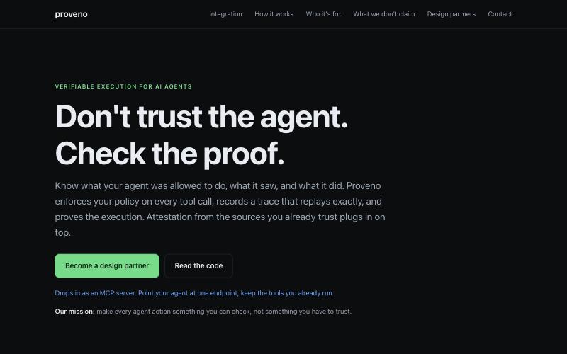 Proveno website: Don't trust the agent. Check the proof.